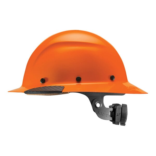 An orange Lift Safety full brim hard hat with a black strap.
