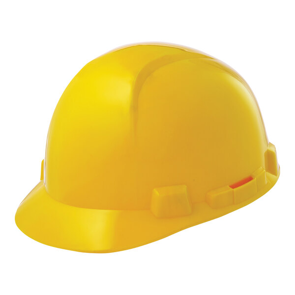 A yellow Lift Safety hard hat with a short brim and ratchet suspension.