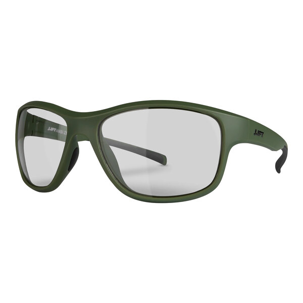 A close-up of Lift Safety Delamo safety glasses with olive drab frames and clear lenses.