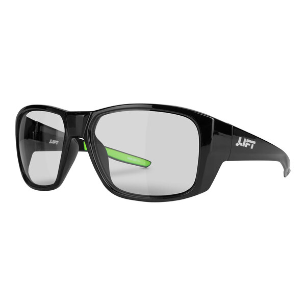 A close up of a black pair of Lift Safety Vanguard safety glasses with clear lenses.