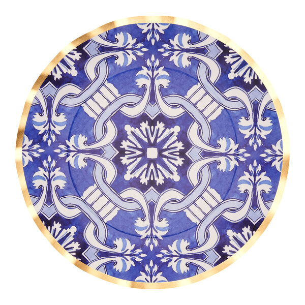 A blue and white paper dinner plate with a Moroccan design and gold trim.