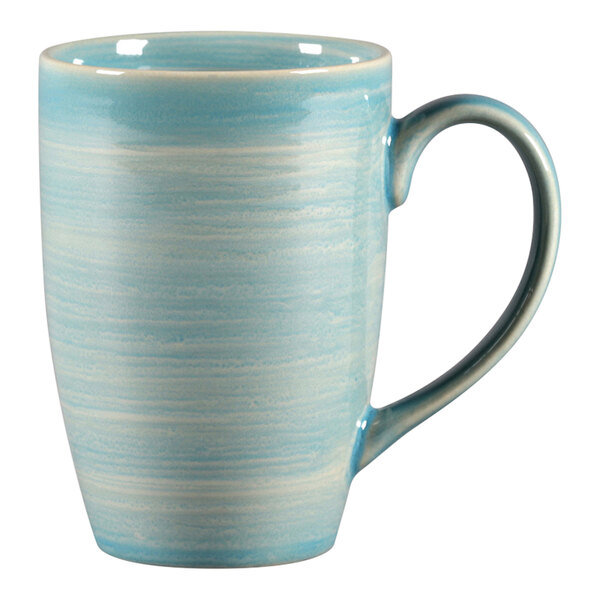 A RAK Porcelain blue and white mug with a handle.