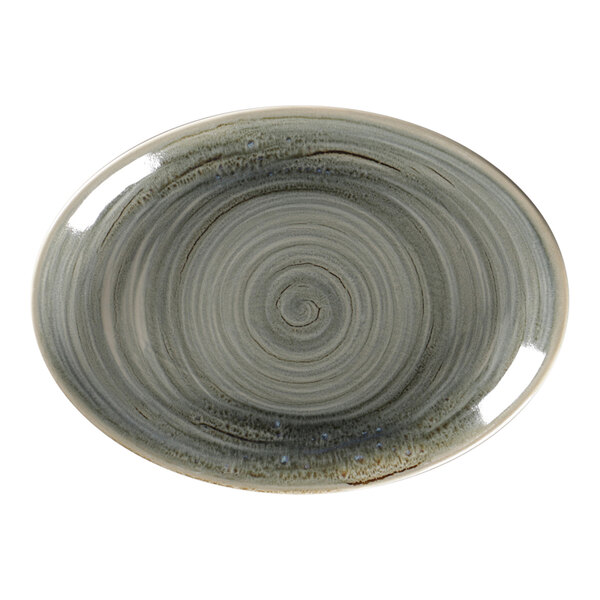 A peridot oval platter with a spiral design on the surface.