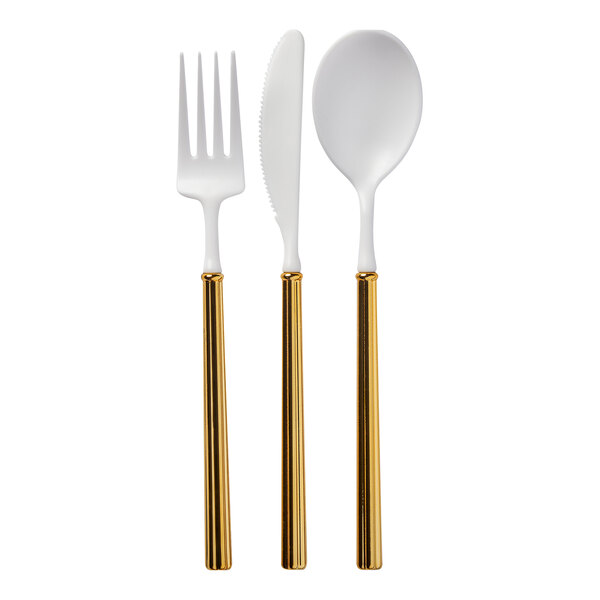 Sophistiplate Villa white and gold plastic cutlery set with a fork, knife, and spoon.