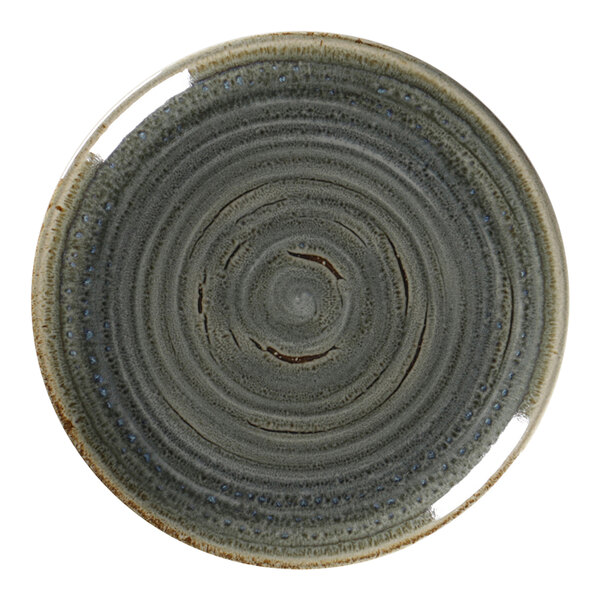 A close up of a RAK Porcelain peridot flat coupe plate with a circular design.
