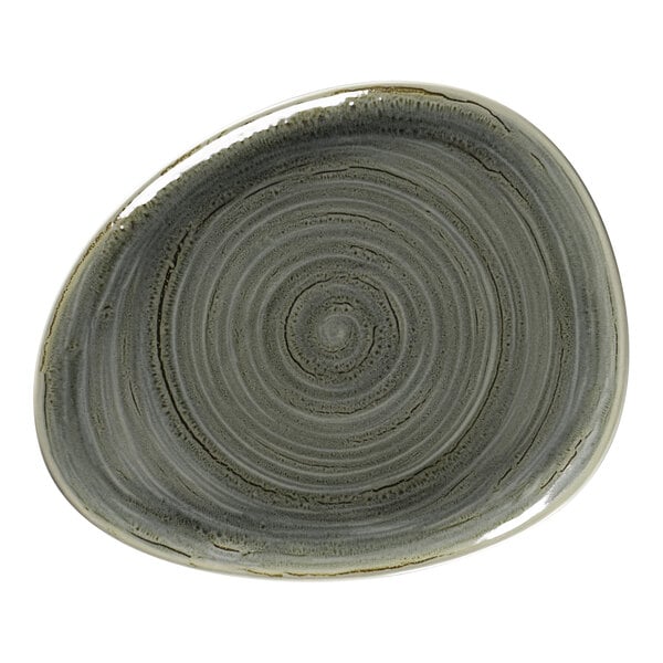 A grey RAK Porcelain plate with a spiral pattern on it.