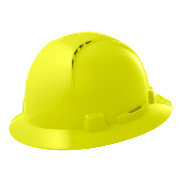 A yellow Lift Safety hard hat with a vented full brim and ratchet suspension.