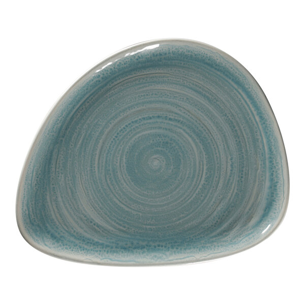 A blue RAK Porcelain plate with a spiral pattern.