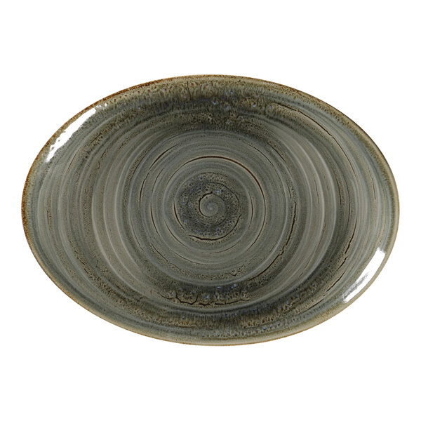 A peridot porcelain oval platter with a grey spiral design.