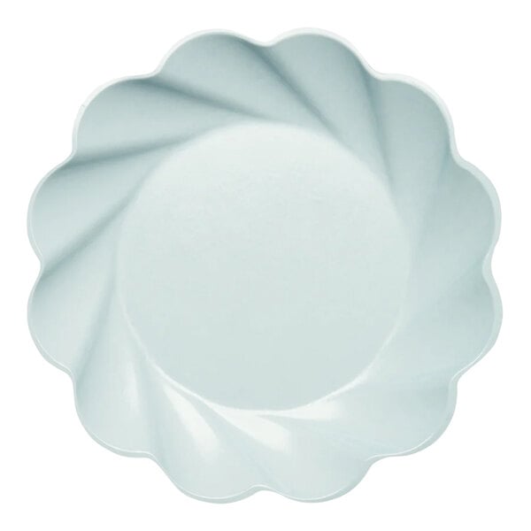 A sky blue Sophistiplate Simply Eco fiber dinner plate with a scalloped edge.