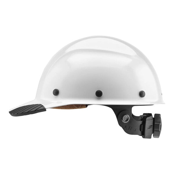 A white Lift Safety Dax hard hat with black straps.