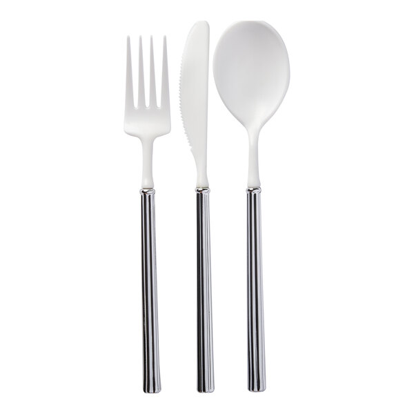 Sophistiplate Villa White / Silver plastic cutlery set with a fork and spoon.