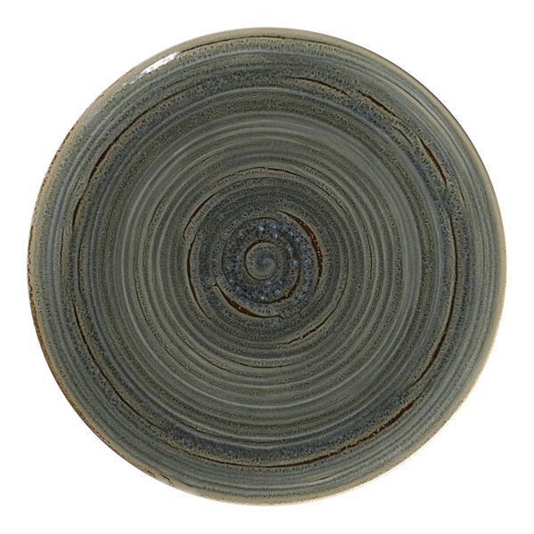 A peridot porcelain coupe plate with a spiral design on the surface.
