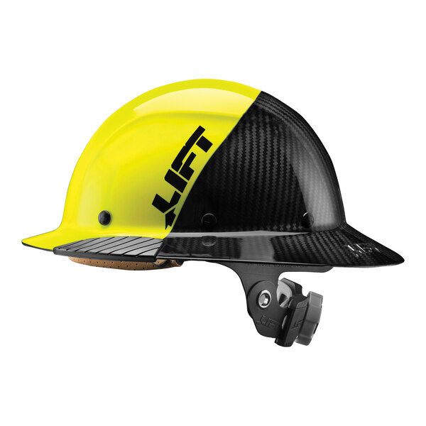 A yellow and black Lift Safety full brim hard hat with carbon fiber pattern.