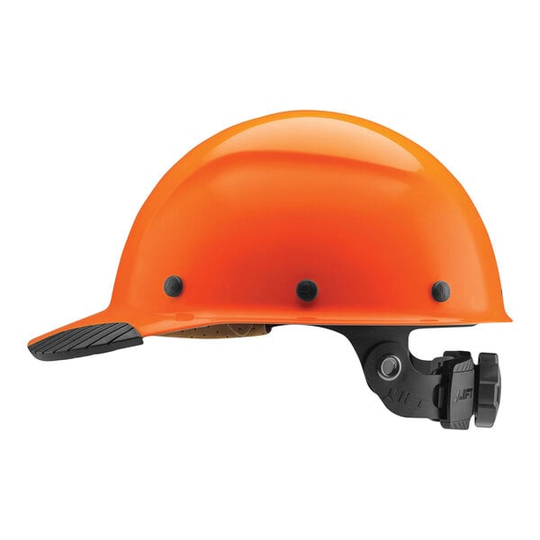 An orange Lift Safety hard hat with a black brim.