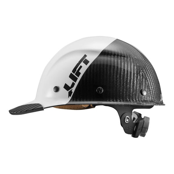 A white hard hat with a black carbon fiber brim.