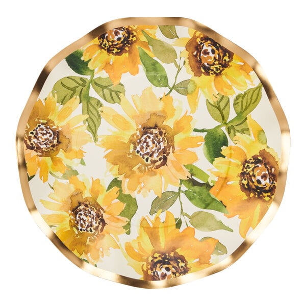 A Sophistiplate wavy paper salad plate with a painted sunflower pattern.