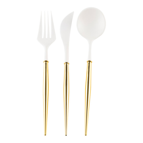 Sophistiplate Bella white plastic cutlery with gold accents including a fork, spoon, and knife.