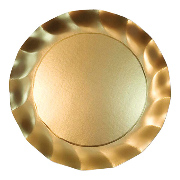 A Sophistiplate gold paper salad plate with a scalloped edge and a circular pattern.