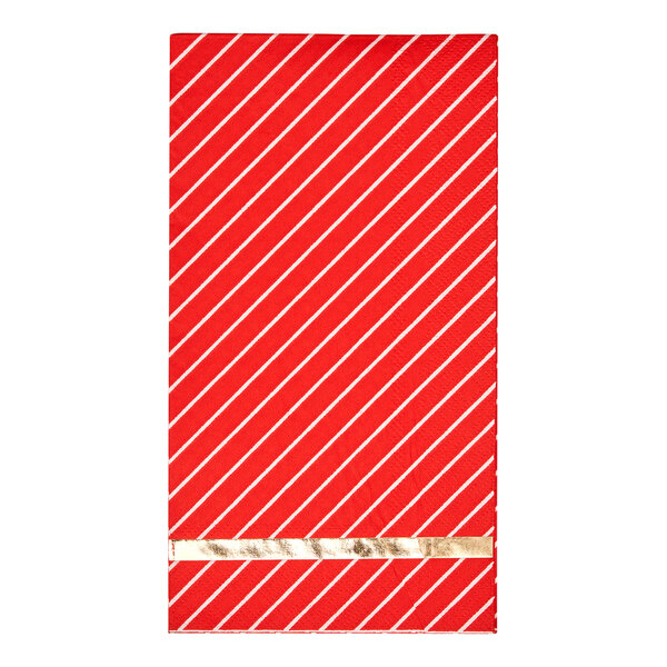 A red and white striped Sophistiplate guest towel with gold trim.