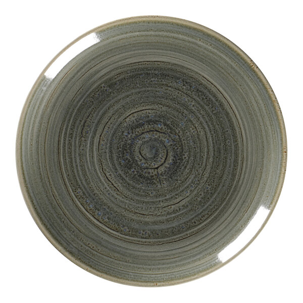 A peridot porcelain flat coupe plate with a spiral design on it.