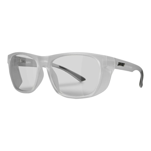 A pair of Lift Safety Tracker safety glasses with a clear lens and black frame.