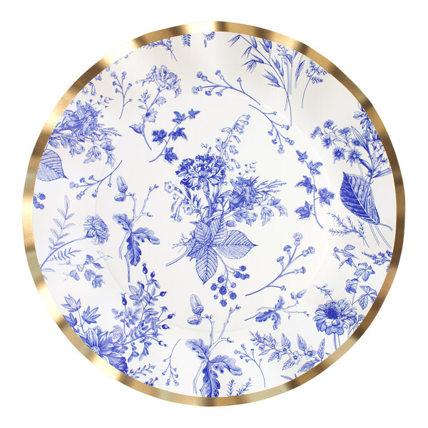 A white Sophistiplate paper dinner plate with a blue floral design and gold trim.