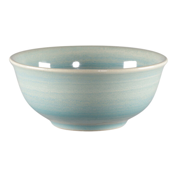 A close-up of a RAK Porcelain bowl with a blue and white design.
