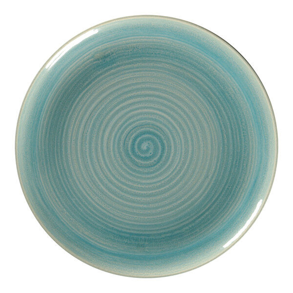 A close-up of a RAK Porcelain blue and white swirl on a plate.
