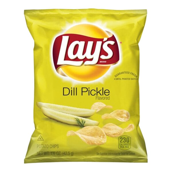 A yellow bag of Lay's Dill Pickle Potato Chips with a yellow label and black letters.