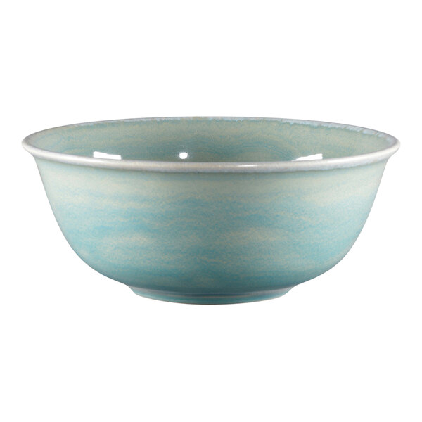 A close-up of a RAK Porcelain Sapphire bowl with a blue and white design.