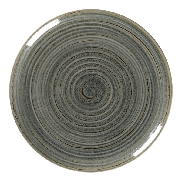 A peridot porcelain flat coupe plate with a spiral design on it.