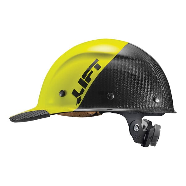 A yellow and black Lift Safety hard hat with a carbon fiber brim.
