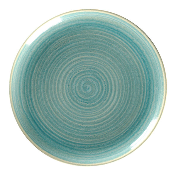 A RAK Porcelain blue flat coupe plate with a white spiral design.