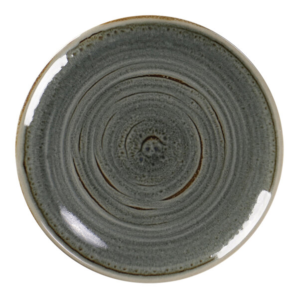 A grey RAK Porcelain plate with a circular pattern on the rim.