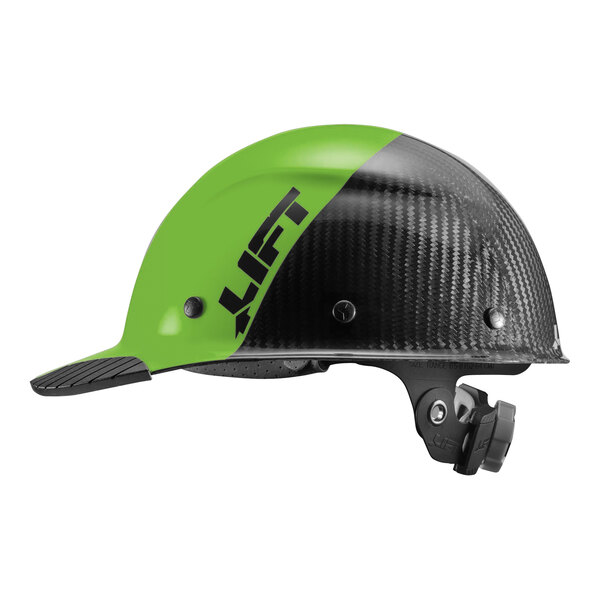 A Lift Safety lime green and black carbon fiber hard hat with the word Lift on the front.