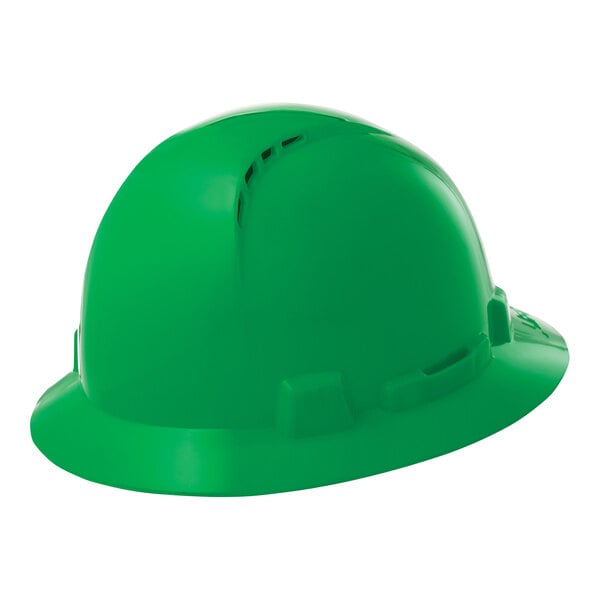A green Lift Safety full brim hard hat with a ratchet suspension.