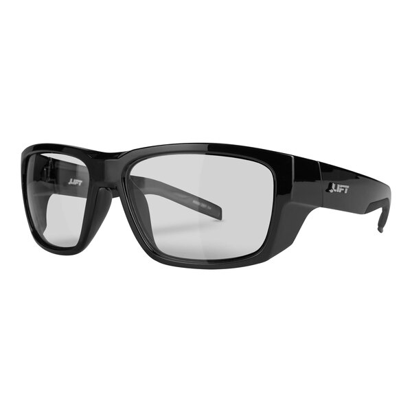 A close-up of a black pair of Lift Safety glasses with clear lenses.