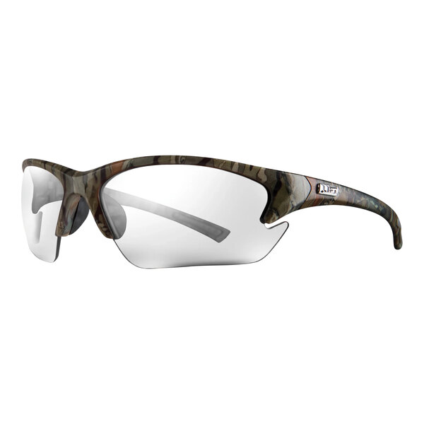 A pair of camo Lift Safety Quest safety glasses with clear lenses.