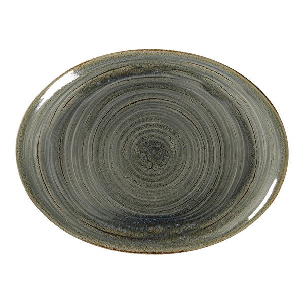 A grey oval RAK Porcelain platter with a grey and black circular pattern.