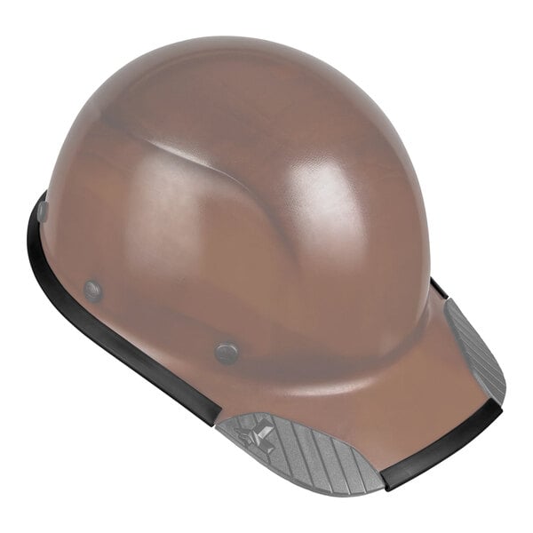 A brown hard hat with black trim on the brim.