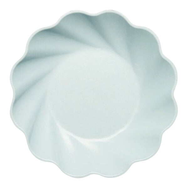 A sky blue Sophistiplate plant fiber salad plate with a scalloped edge.