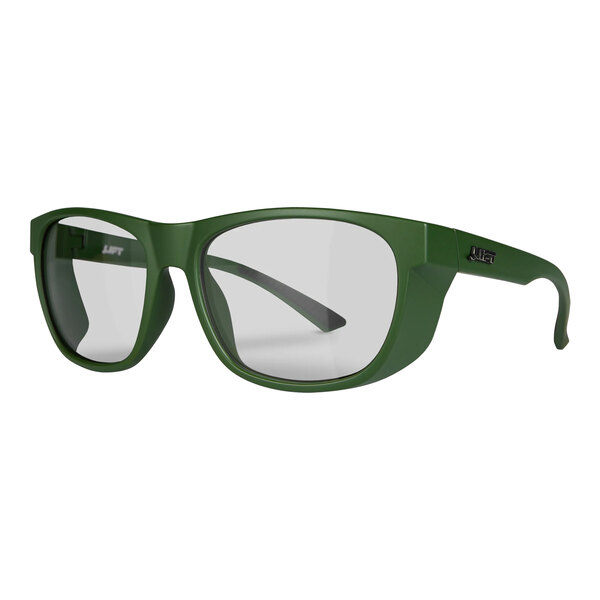 A close up of a pair of olive drab Lift Safety glasses with clear lenses.