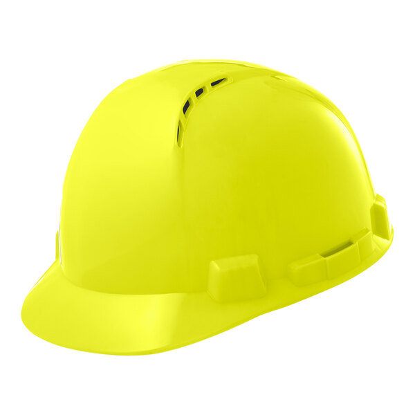 A yellow Lift Safety hard hat with a short brim and vents.