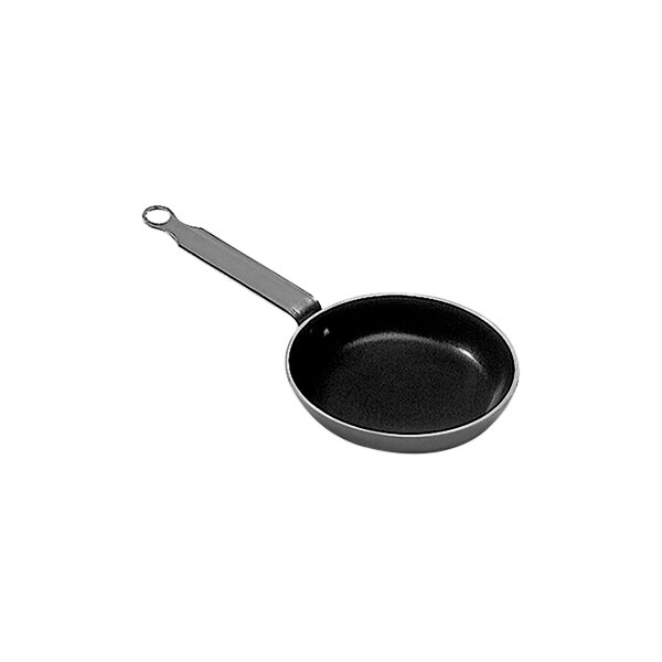 A close-up of a black Matfer Bourgeat Classic Chef+ Blini Pan with a handle.