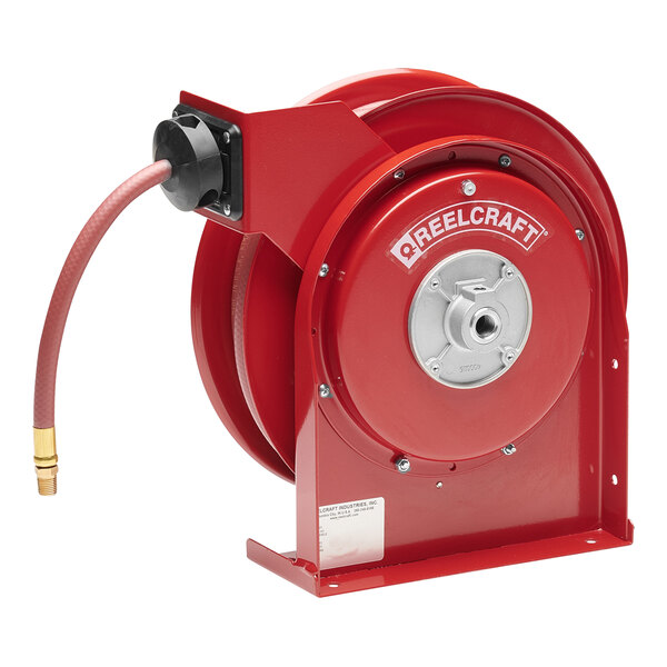 A red Reelcraft Series 4000 hose reel with a hose attached.