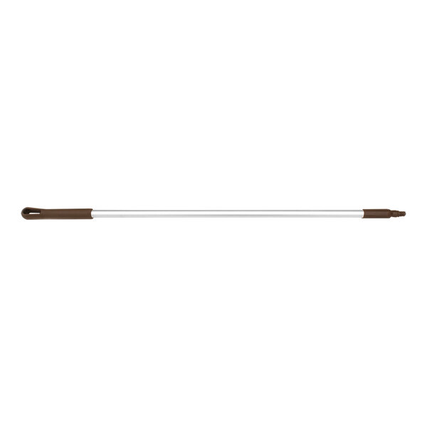 A long metal pole with a brown handle.