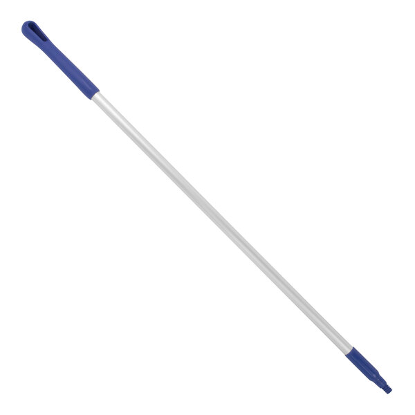 A long blue and white threaded aluminum broom / squeegee handle.