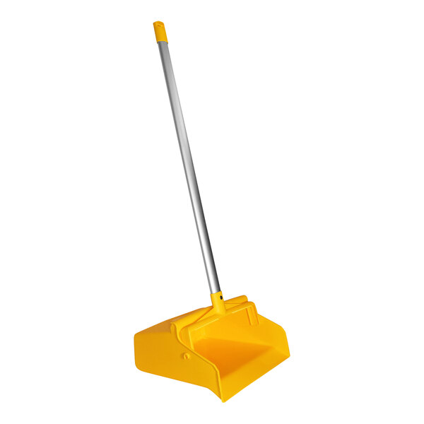 A yellow dustpan with a long handle.