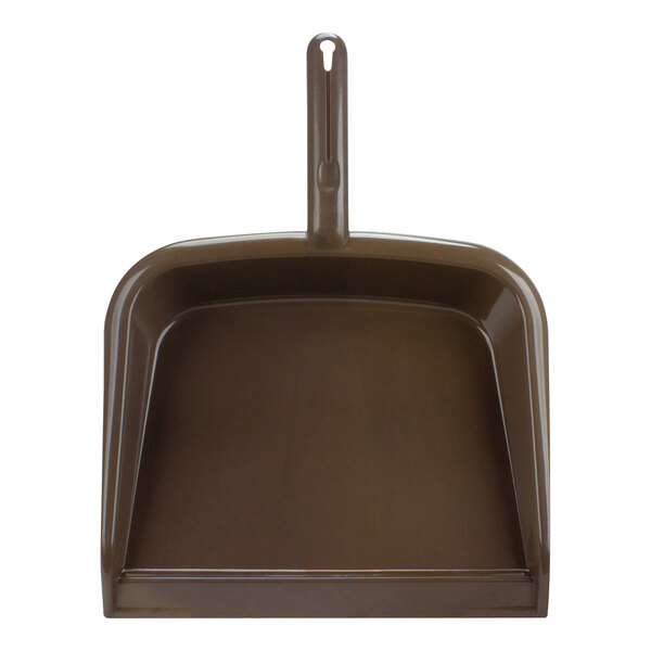 A brown plastic Carlisle dustpan with a handle.